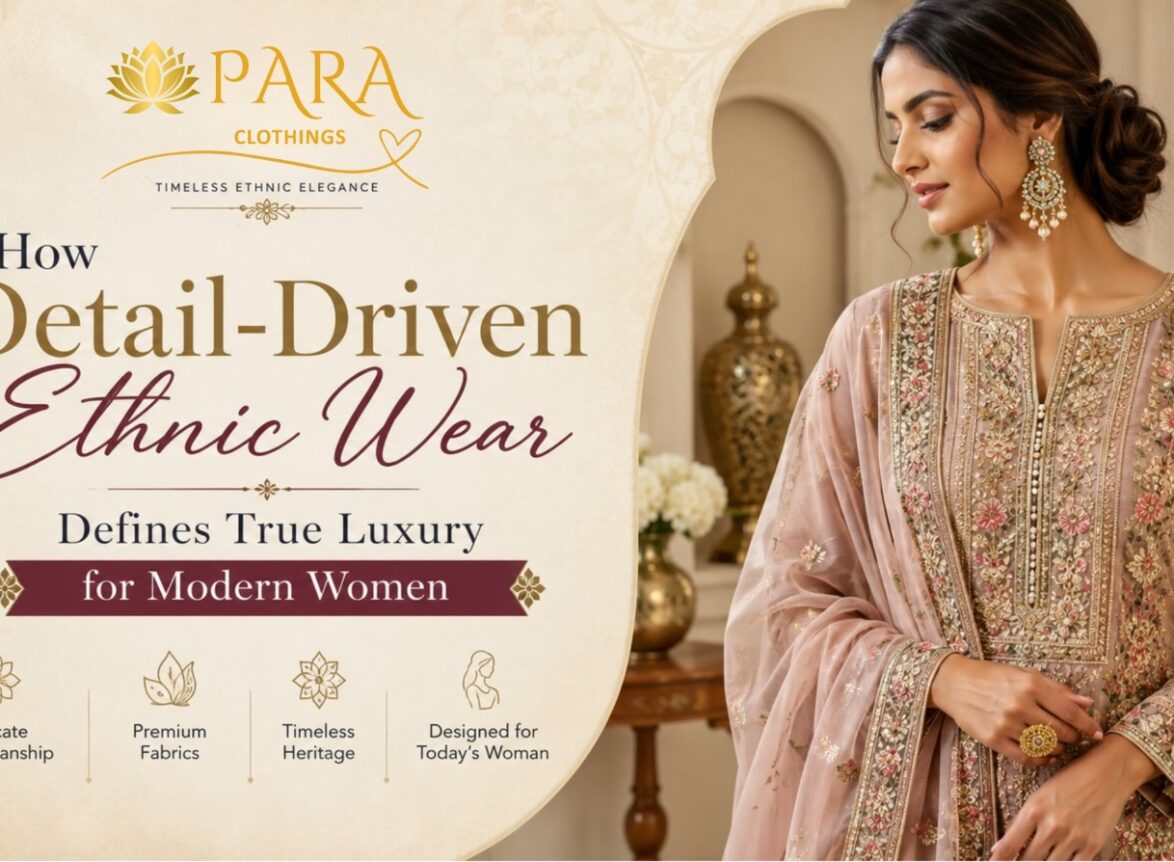 Elegant woman wearing a pastel pink embroidered ethnic outfit with intricate floral detailing, showcasing luxurious traditional fashion by Para Clothings.