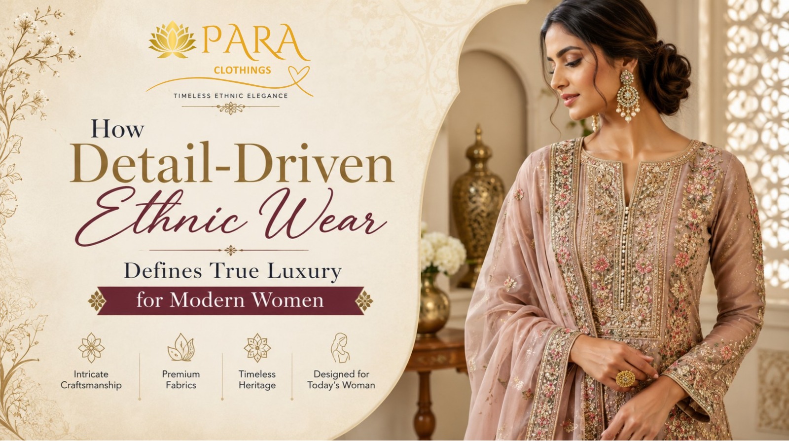 Elegant woman wearing a pastel pink embroidered ethnic outfit with intricate floral detailing, showcasing luxurious traditional fashion by Para Clothings.