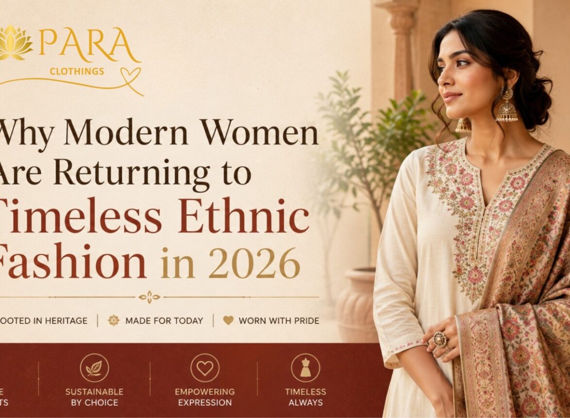 Elegant Indian woman wearing a floral embroidered ethnic suit with dupatta, promoting timeless ethnic fashion trends for modern women in 2026 by Para Clothings.