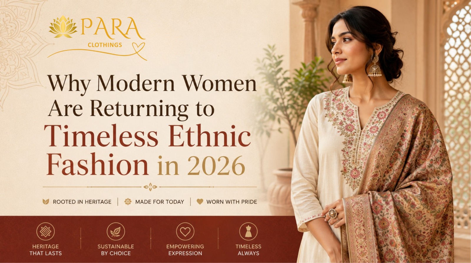 Elegant Indian woman wearing a floral embroidered ethnic suit with dupatta, promoting timeless ethnic fashion trends for modern women in 2026 by Para Clothings.