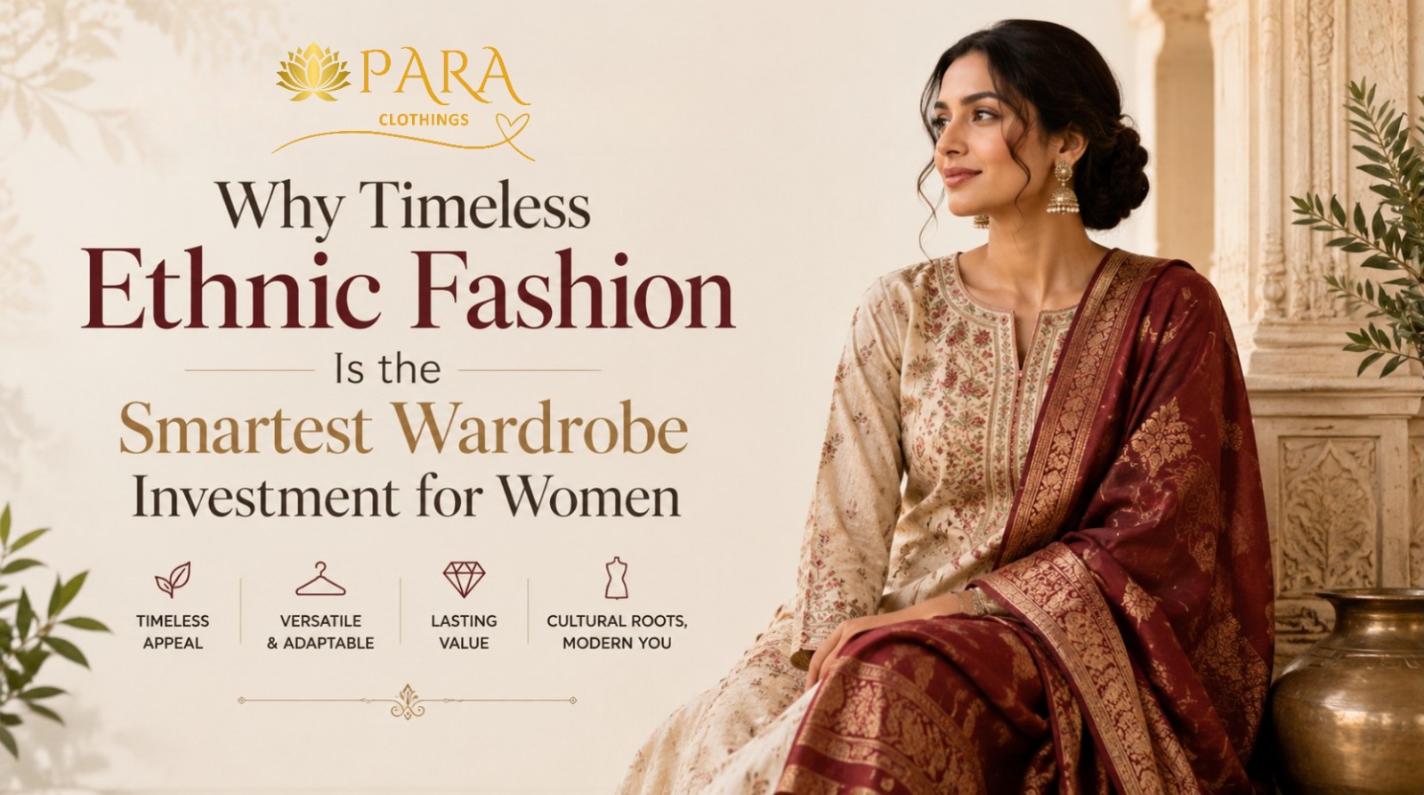 Elegant woman wearing a beige floral ethnic suit with a maroon dupatta, showcasing timeless Indian ethnic fashion in a royal traditional setting.