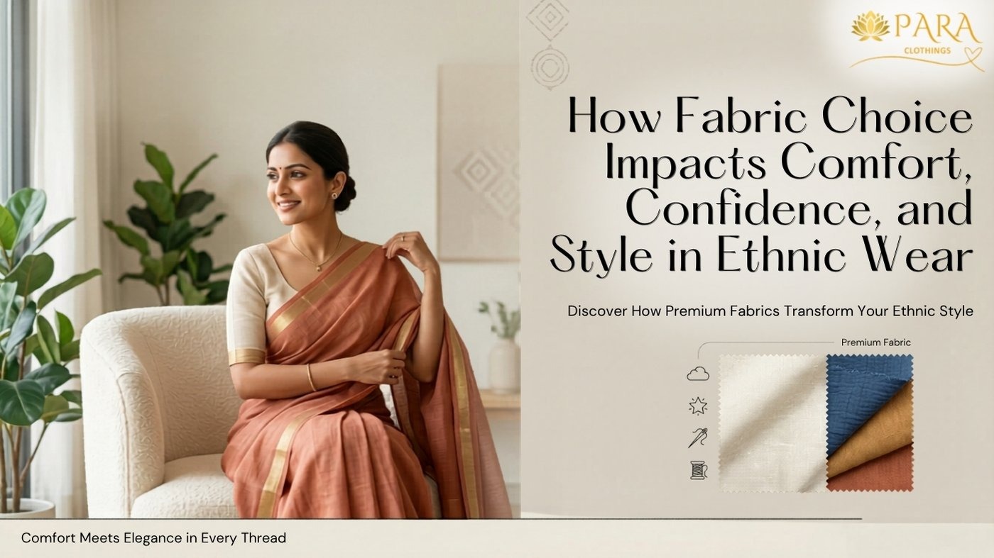 A woman wearing an elegant peach-colored ethnic saree sits gracefully in a modern living room, highlighting how premium fabric choices enhance comfort, confidence, and style in ethnic wear. Fabric swatches and branding elements complement the design.