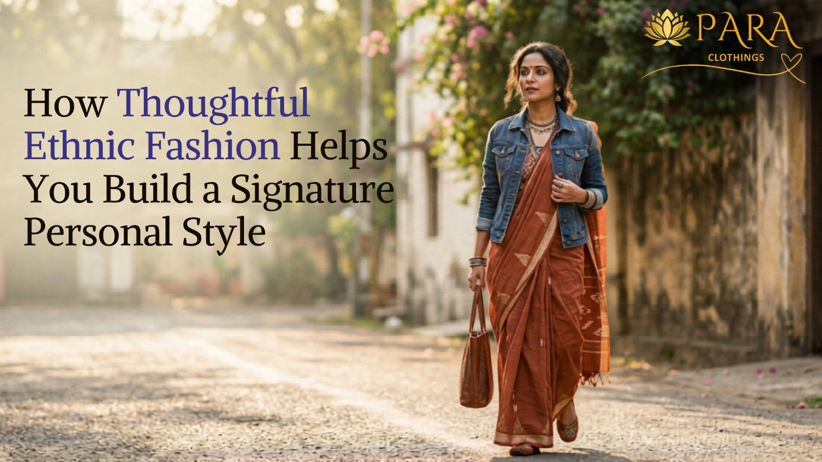 Woman wearing a traditional saree paired with a denim jacket, walking outdoors with a handbag, showcasing how thoughtful ethnic fashion can create a unique and signature personal style.