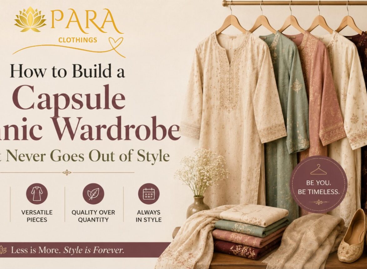 A collection of elegant ethnic wear outfits in pastel and earthy tones displayed on wooden hangers, showcasing a timeless capsule ethnic wardrobe with coordinated kurtas, accessories, and classic styling by PARA Clothings.