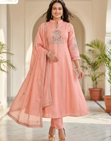 Peach Embroidered Anarkali Suit Set