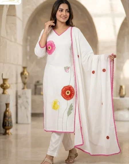 White Floral Embroidered Suit Set