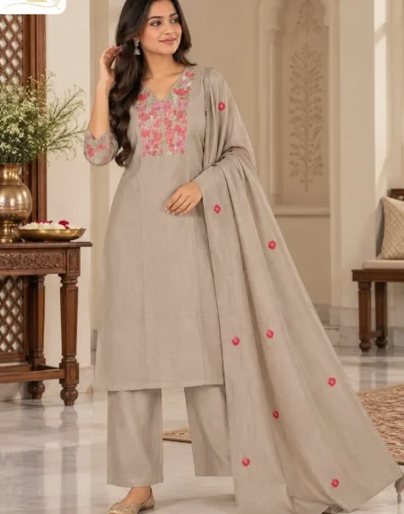 Grey-Floral-Thread-Work-Kurta-Set
