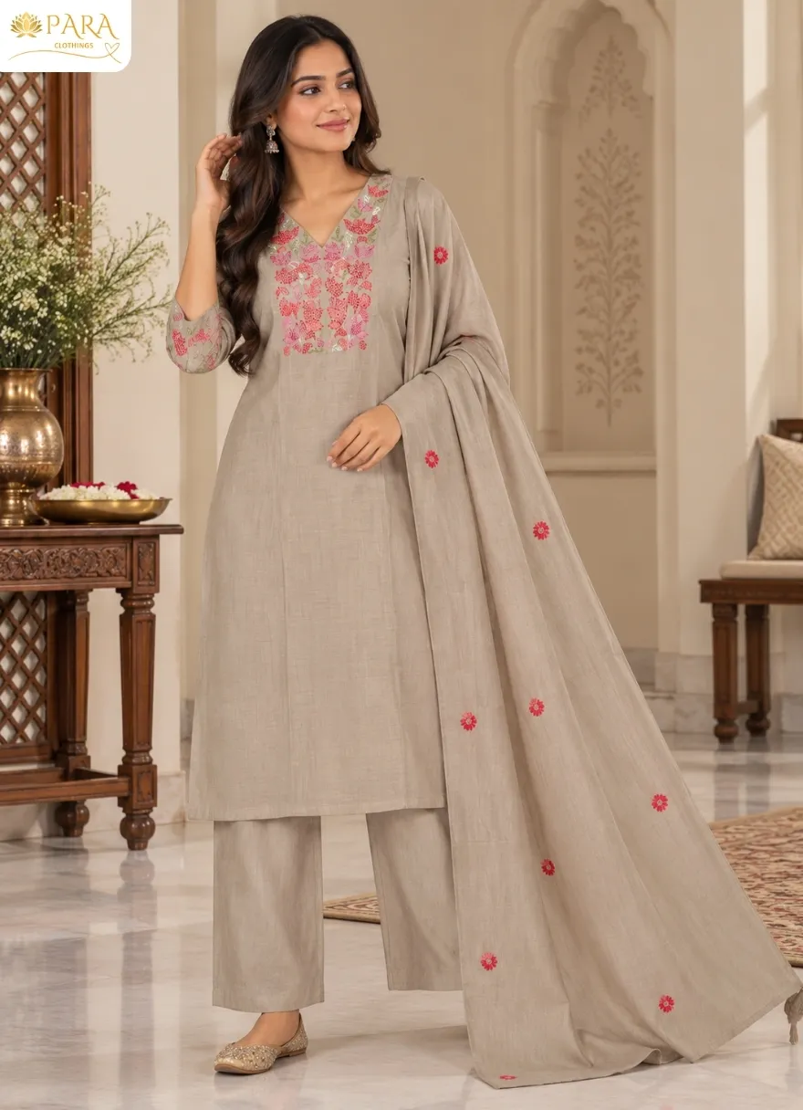 Grey-Floral-Thread-Work-Kurta-Set