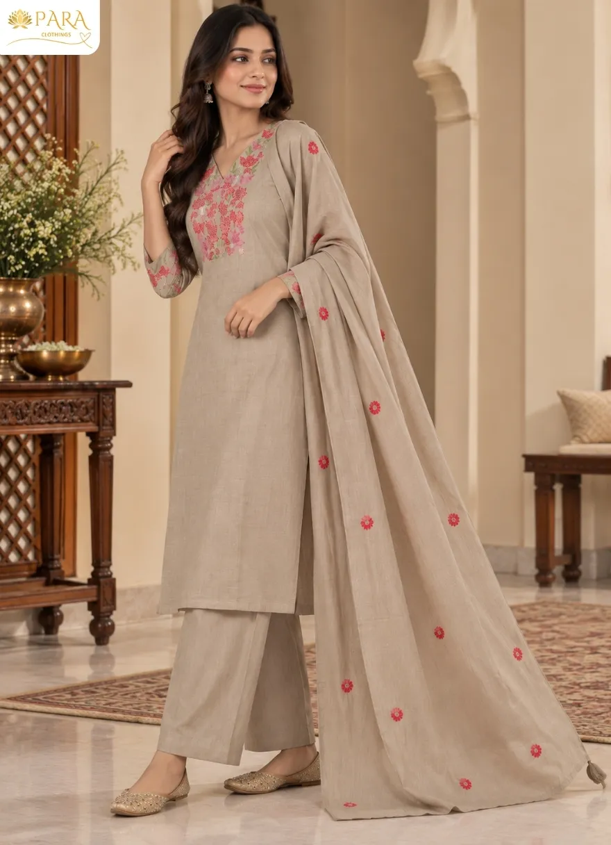 Grey-Floral-Thread-Work-Kurta-Set - Image 2