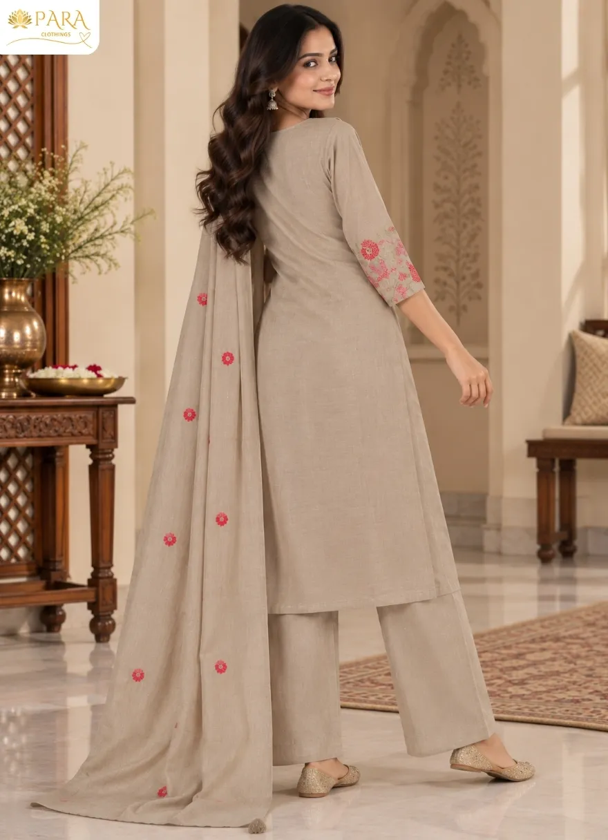 Grey-Floral-Thread-Work-Kurta-Set - Image 3