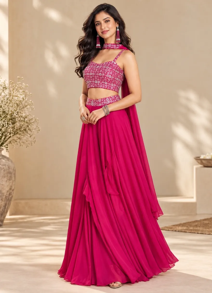 Magenta-Crop-Top-with-Flared-Palazzo-and-Dupatta-Set - Image 2