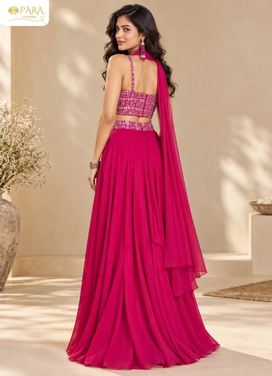 Magenta-Crop-Top-with-Flared-Palazzo-and-Dupatta-Set - Image 3