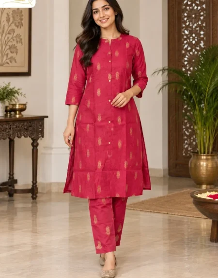 Magenta-Floral-Print-Kurta-with-Trousers-Set