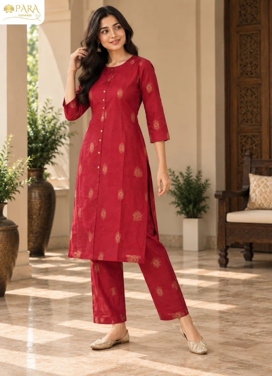 Magenta-Floral-Print-Kurta-with-Trousers-Set - Image 2