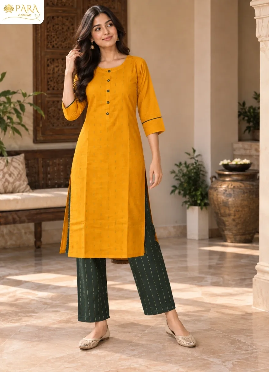Mustard-Yellow-Kurta-with-Dark-Green-Striped-Trousers-Set