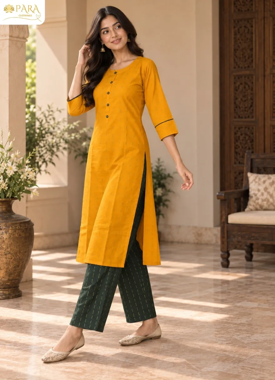 Mustard-Yellow-Kurta-with-Dark-Green-Striped-Trousers-Set - Image 2
