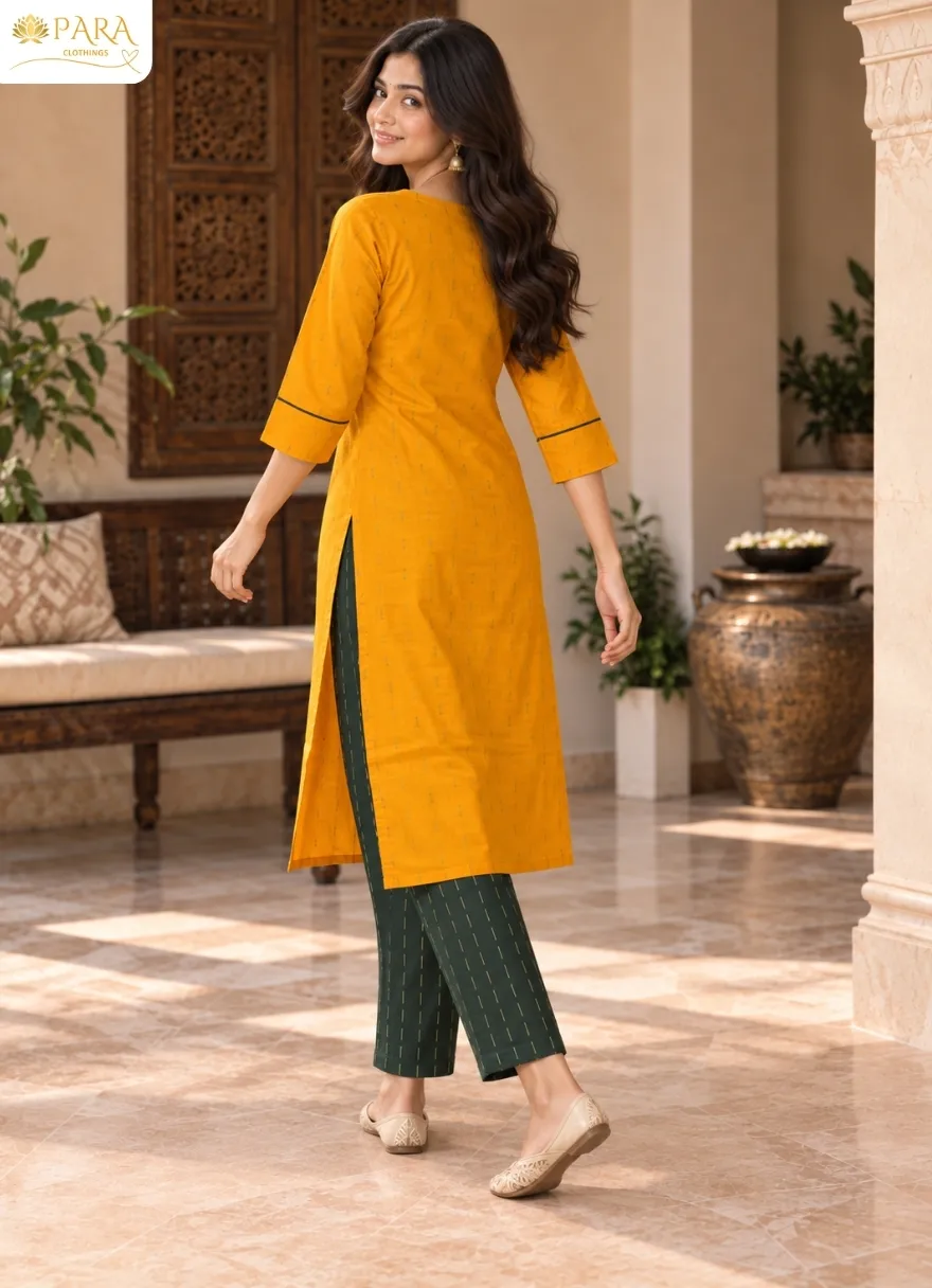 Mustard-Yellow-Kurta-with-Dark-Green-Striped-Trousers-Set - Image 3