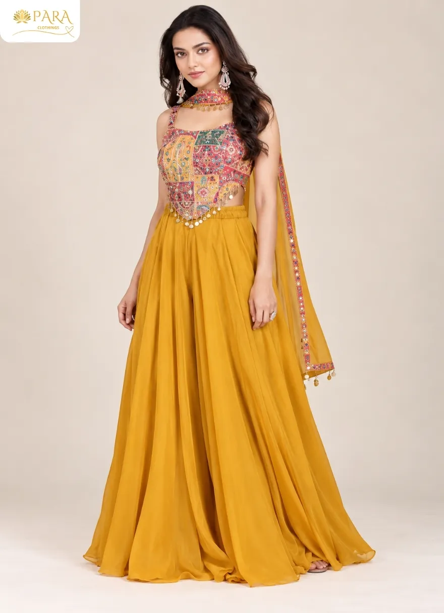Mustard-Yellow-Printed-Crop-Top-Palazzo-Set-with-Dupatta - Image 3