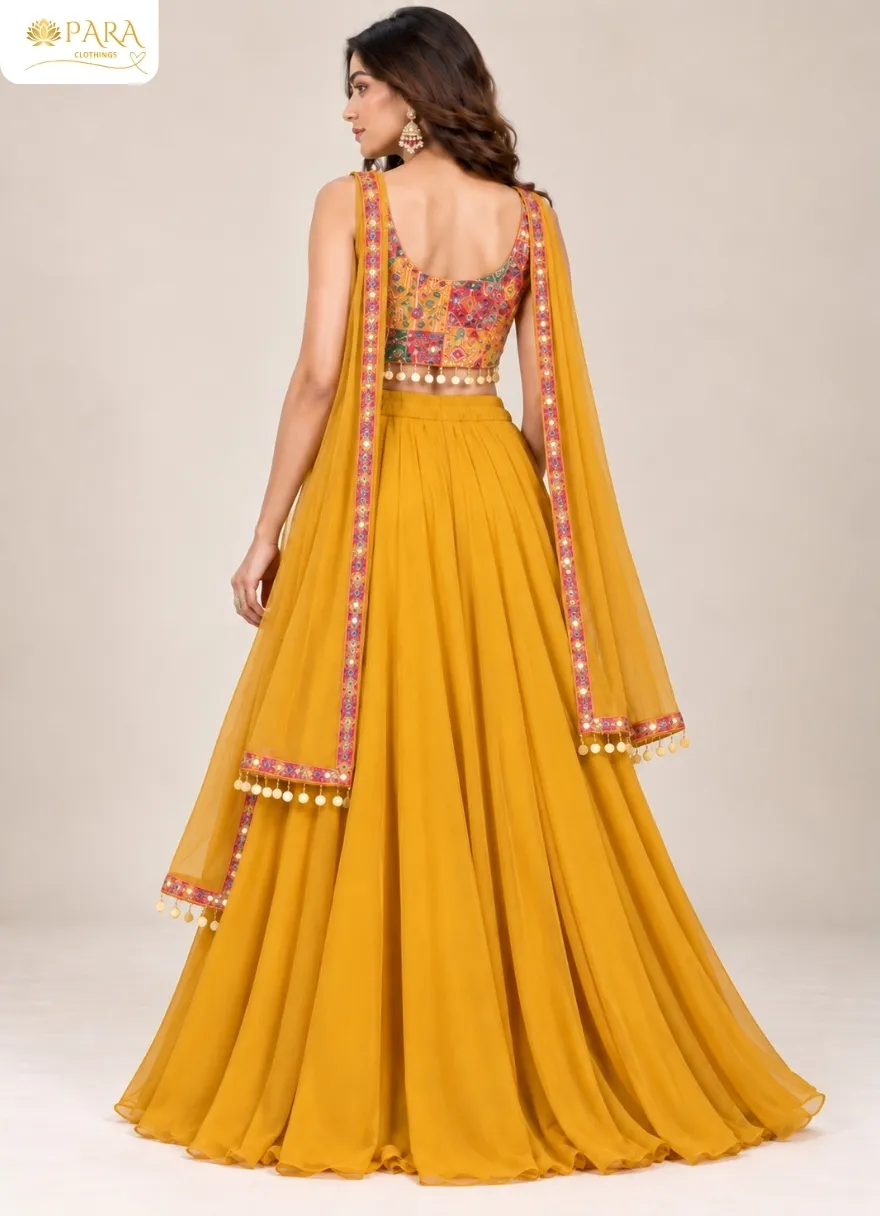 Mustard-Yellow-Printed-Crop-Top-Palazzo-Set-with-Dupatta - Image 2