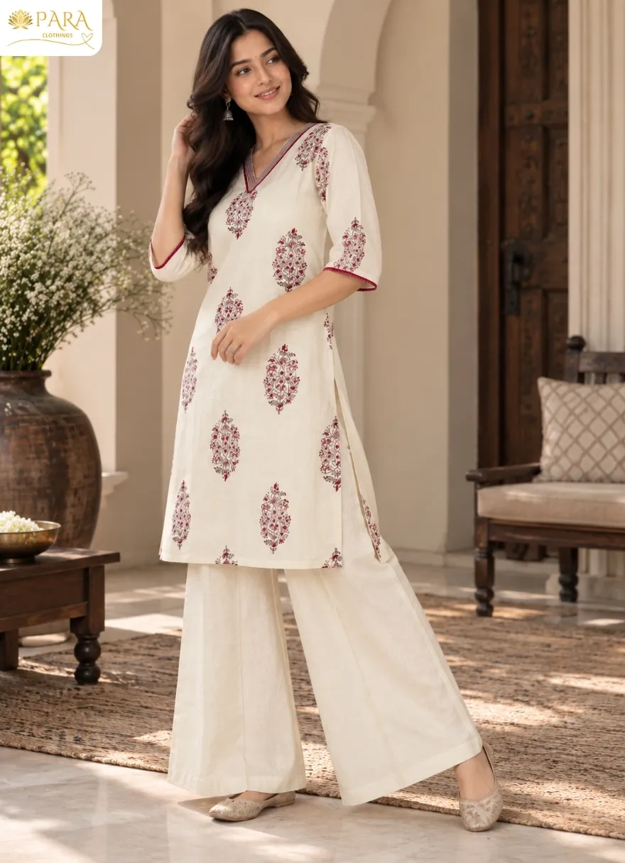 Off-White-Maroon-Floral-Block-Print-Kurta-Set - Image 2
