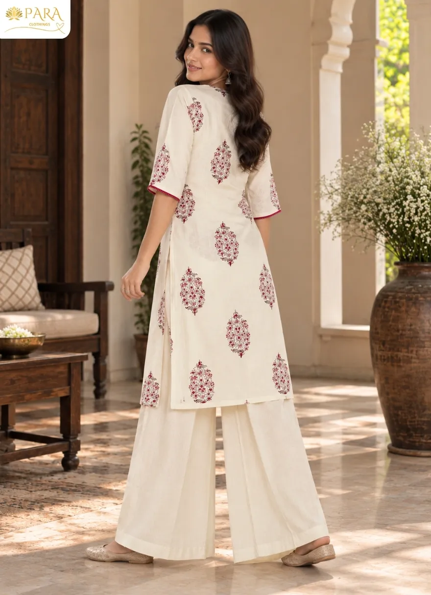 Off-White-Maroon-Floral-Block-Print-Kurta-Set - Image 3