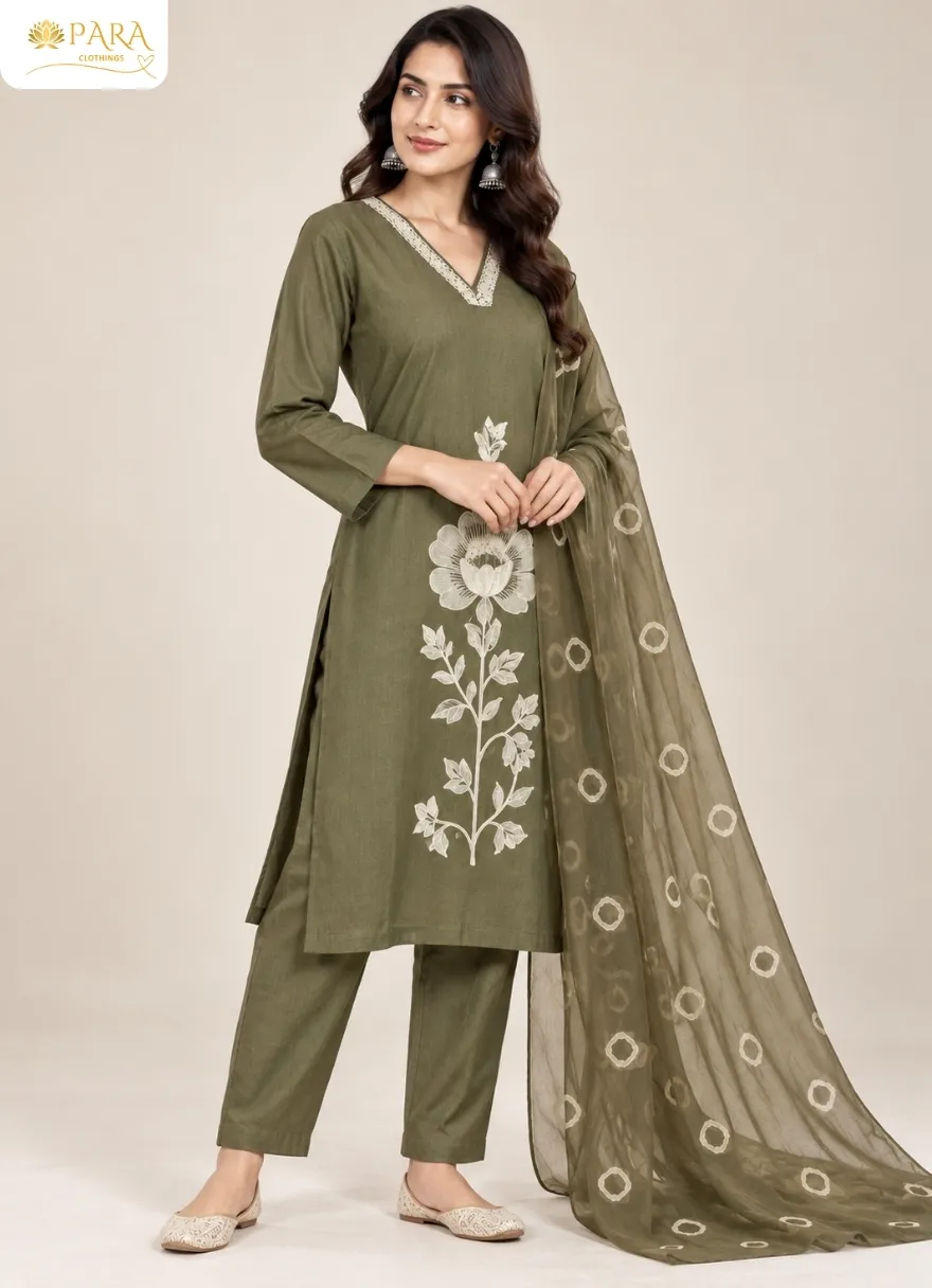 Olive-Green-Embroidered-Kurta-Set-with-Dupatta - Image 2