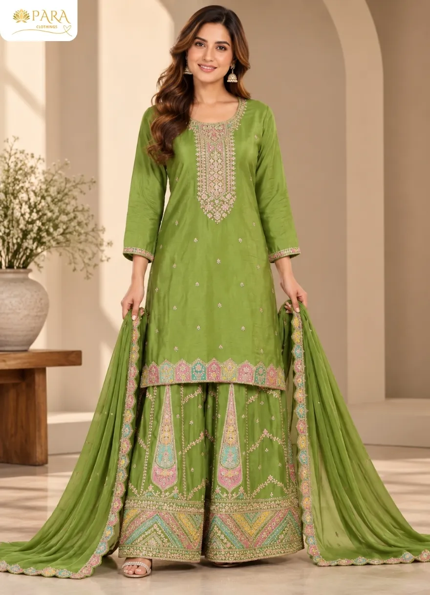 Olive-Green-Embroidered-Short-Kurta-Sharara-Set-with-Dupatta