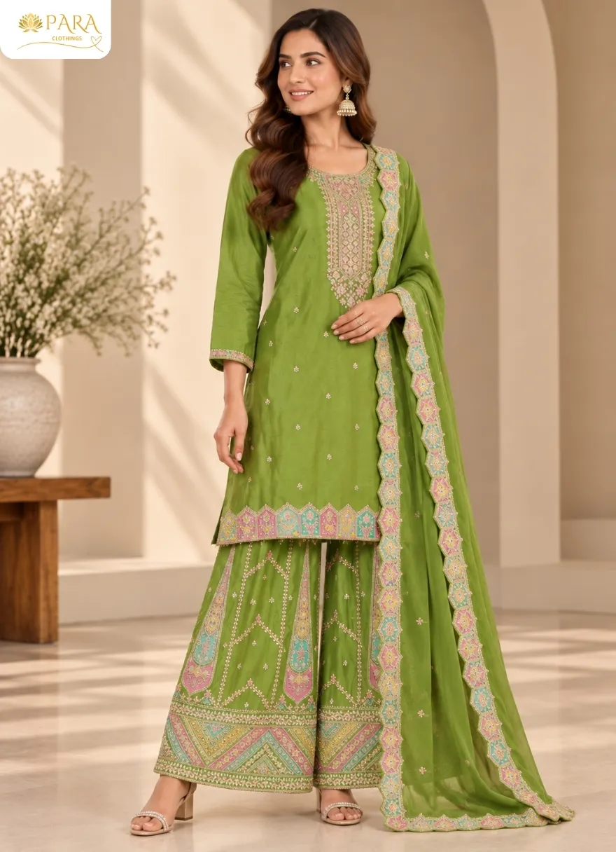 Olive-Green-Embroidered-Short-Kurta-Sharara-Set-with-Dupatta - Image 2