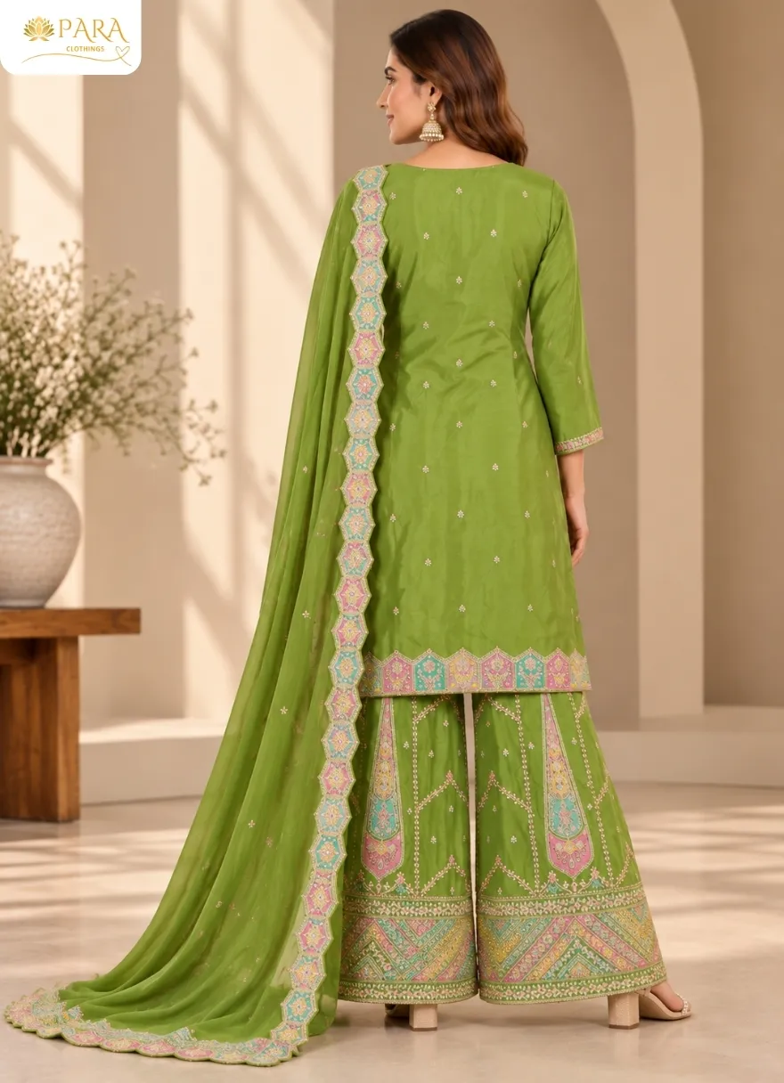 Olive-Green-Embroidered-Short-Kurta-Sharara-Set-with-Dupatta - Image 3