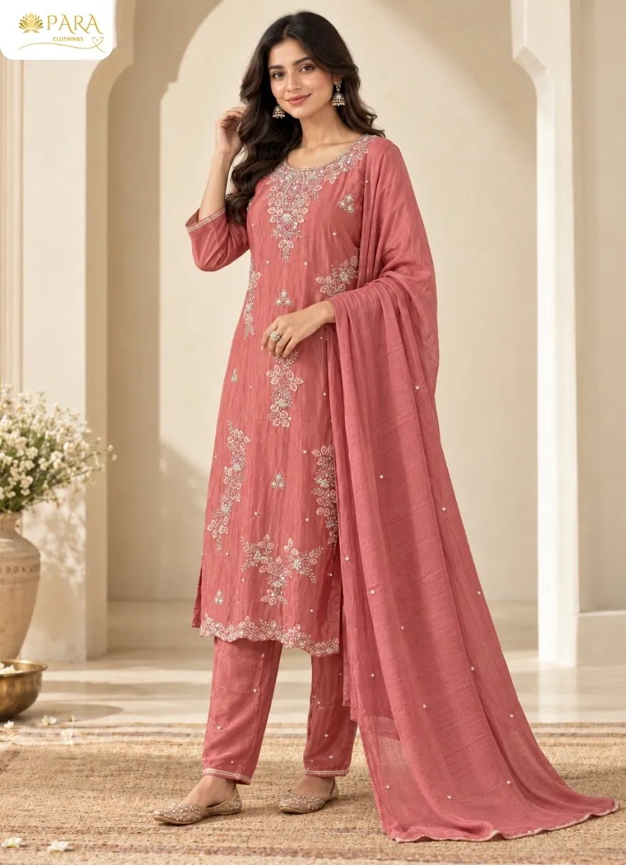 Pink-Embroidered-Kurti-with-Straight-Pants-and-Dupatta-Set - Image 2
