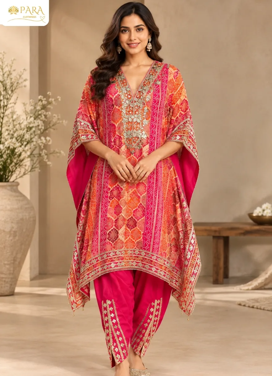 Pink-and-Orange-Bandhani-Print-Kaftan-with-Embroidered-Dhoti-Pants-Set.