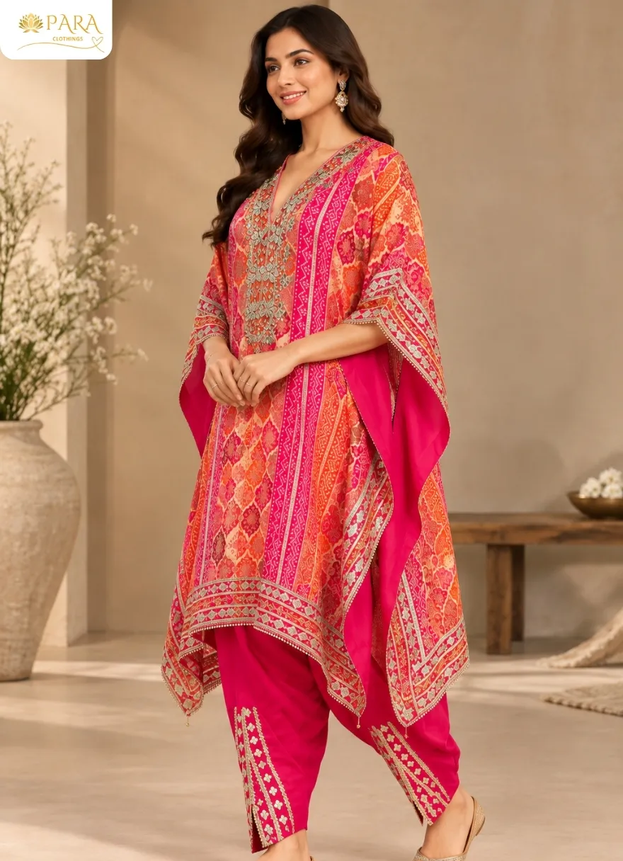 Pink-and-Orange-Bandhani-Print-Kaftan-with-Embroidered-Dhoti-Pants-Set. - Image 2