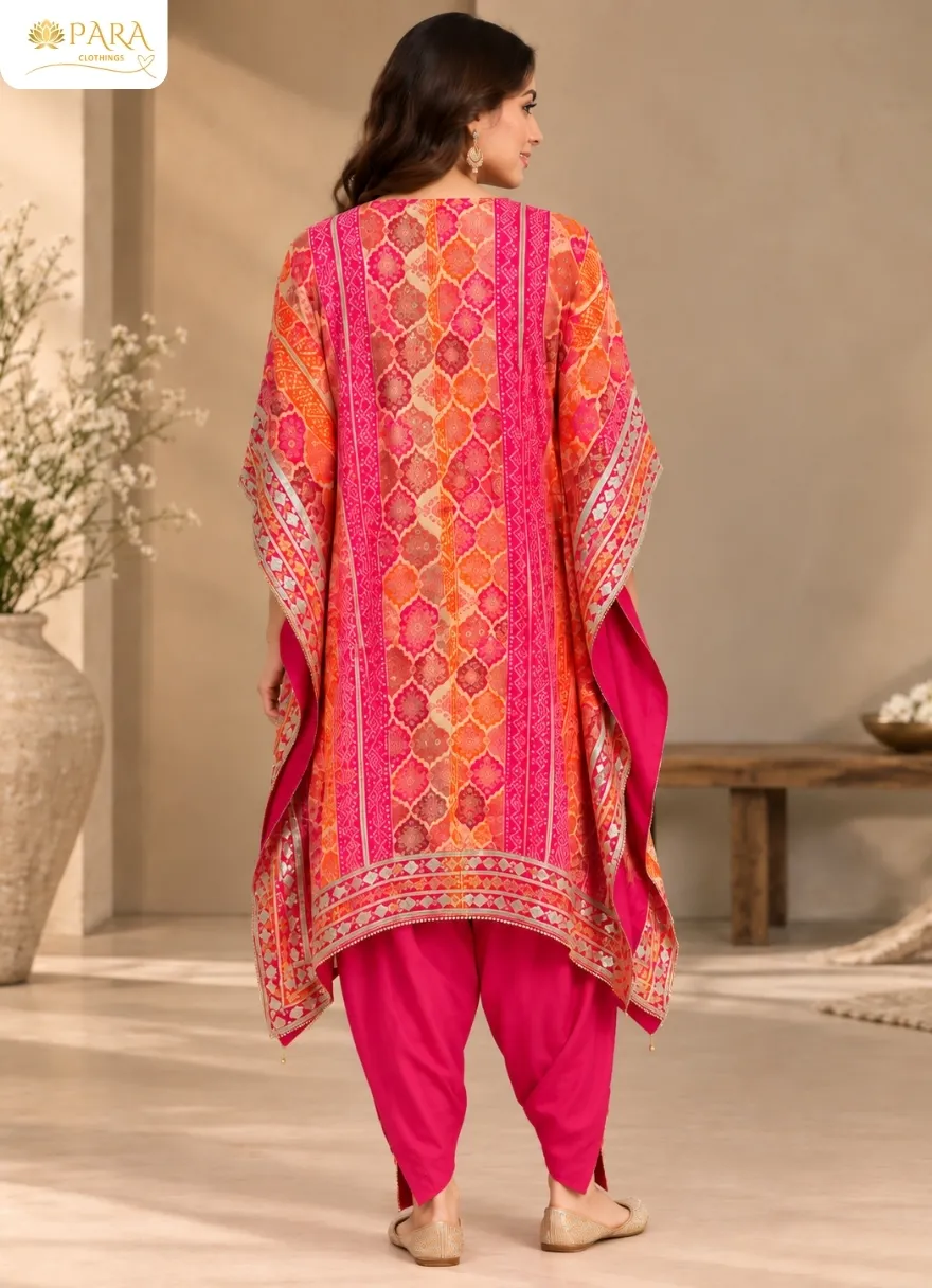 Pink-and-Orange-Bandhani-Print-Kaftan-with-Embroidered-Dhoti-Pants-Set. - Image 3