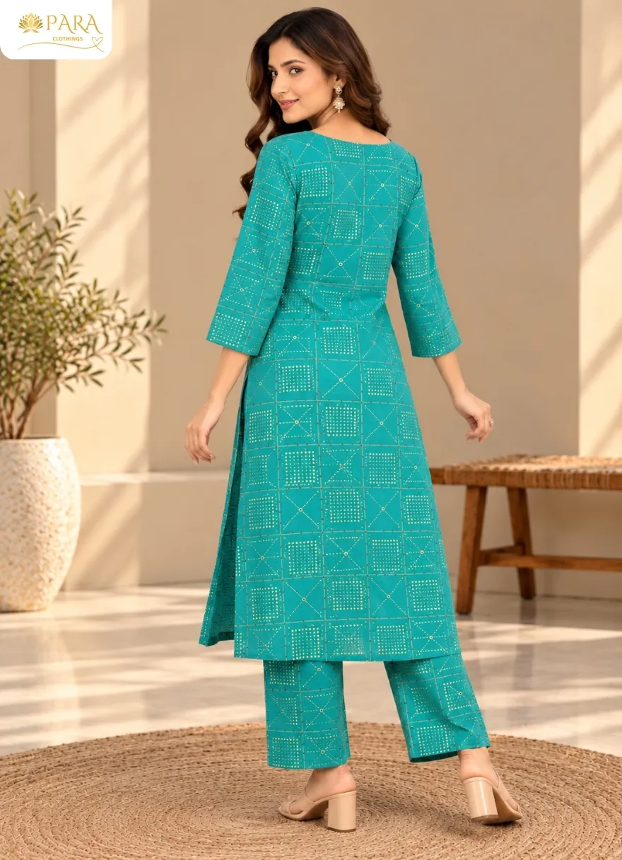 Real-Blue-Geometric-Foil-Print-Kurti-with-Trouser - Image 3