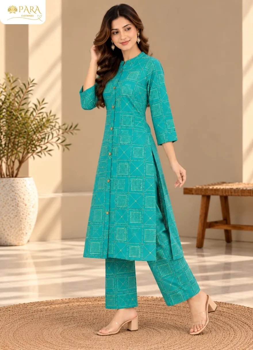 Real-Blue-Geometric-Foil-Print-Kurti-with-Trouser - Image 3