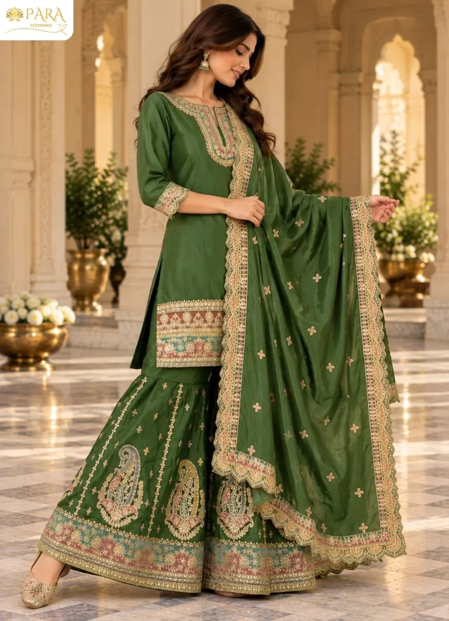 Zehra-Green-Embroidered-Kurta-Palazzo-Dupatta-Suit-Set. - Image 2