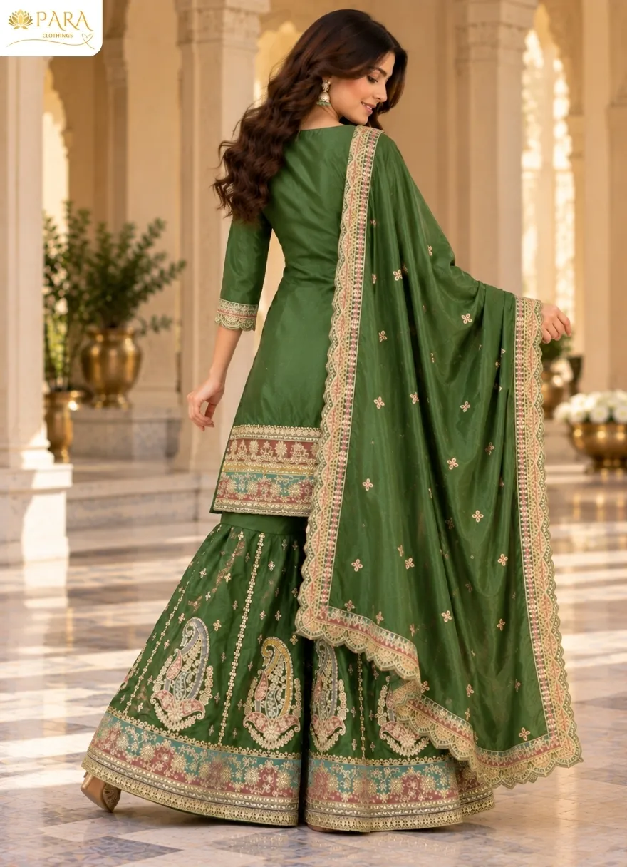Zehra-Green-Embroidered-Kurta-Palazzo-Dupatta-Suit-Set. - Image 3